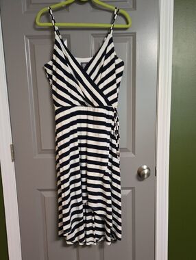 Vince Camuto Navy and White Striped V-Neck High/low Dress